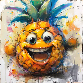 Happy cartoon pineapple avatar with vibrant splashes of color, ideal profile picture for fruit enthusiasts.