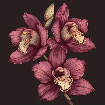 Profile photo featuring a detailed illustration of three deep pink orchids with yellow accents on a dark background.