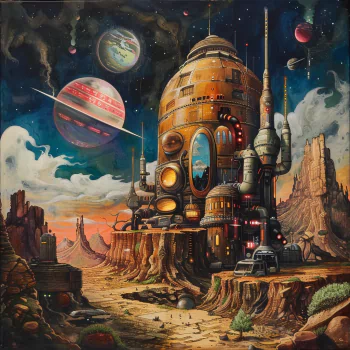 Vibrant sci-fi scene depicting a detailed space colony on a rocky planet with distant moons and planets, used as a forum avatar.