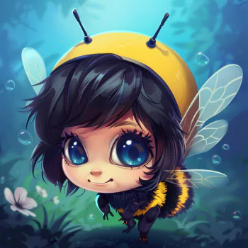 A cute chibi bee character with big eyes and a joyful expression, adorned with a yellow bee hat and black fuzzy body, set against a whimsical, nature-inspired background.