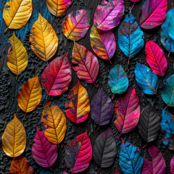 Colorful assortment of wet leaves in shades of blue, purple, yellow, and red arranged artistically, used as a nature-themed profile photo.
