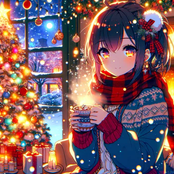 A festive anime character with bright eyes, holding a warm drink, sits by a window adorned with holiday decorations and a glowing Christmas tree, creating a cozy winter atmosphere.