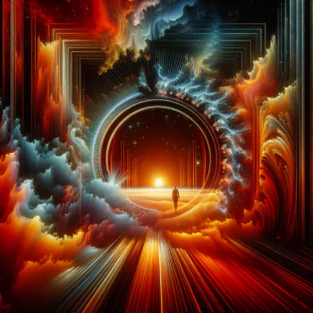 Futuristic sci-fi portal avatar with a silhouette of a person standing before a vibrant cosmic gateway, embodying themes of exploration and mystery.