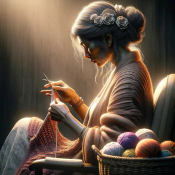 Avatar of a person intently knitting a project with a basket of colorful yarn by their side, exuding a cozy and creative vibe.