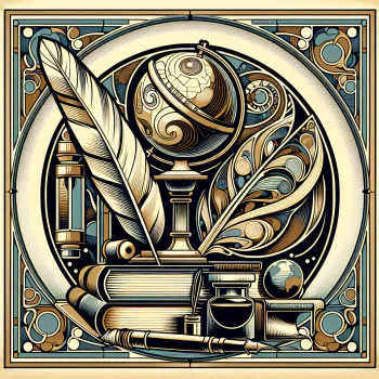 Intricate educational themed avatar featuring symbols of knowledge such as a quill, inkwell, pile of books, globe, and an hourglass within a decorative art nouveau frame.