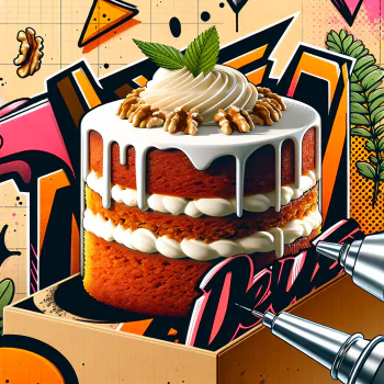 A vibrant avatar featuring a stylized carrot cake with cream layers and a walnut topping, set against a dynamic, graffiti-inspired background.