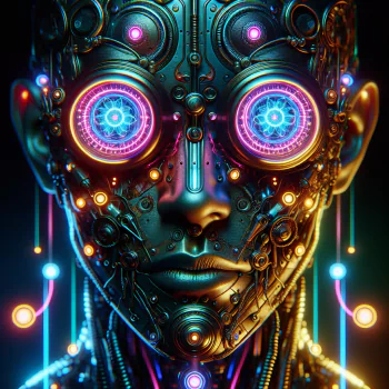 A futuristic forum avatar featuring a metallic face with vibrant neon lights and intricate circuitry, creating a striking and dynamic profile picture.