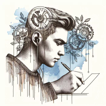 Illustration of a focused young man writing, surrounded by mechanical gears, used as a forum avatar for exam-related discussions.