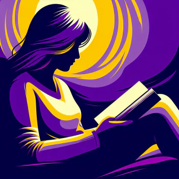 Stylized avatar of a person engrossed in reading a book with a vibrant purple and yellow color scheme