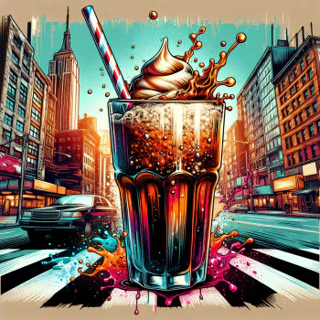 Illustrated avatar of a vibrant root beer float with frothy spill over in an urban street setting.