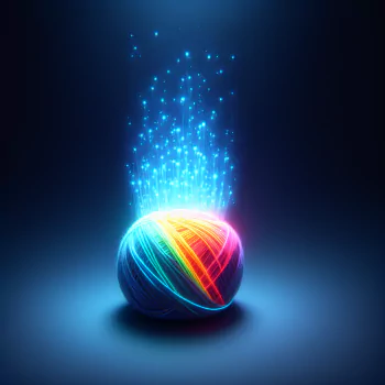 Avatar of a vibrant, multicolored yarn ball with sparkling light particles rising from it, set against a dark blue background.