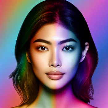 Profile photo of a woman with a color spectrum overlay, featuring vibrant hues across her face.
