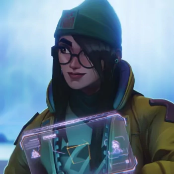 Valorant game character Killjoy avatar with holographic gadget.