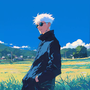 Anime avatar featuring Satoru Gojo from Jujutsu Kaisen, standing confidently in a green field under a bright blue sky, wearing sunglasses and a black coat.