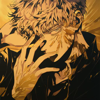 Anime avatar of Satoru Gojo from Jujutsu Kaisen with a dynamic golden color scheme.