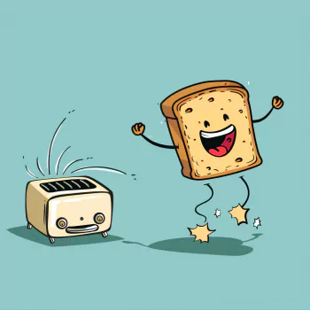 Animated profile photo of a joyful slice of sourdough toast leaping out of a toaster on a light blue background.