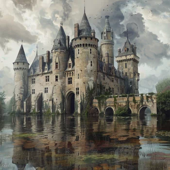 Avatar image showing a magnificent castle with multiple towers partially flooded, reflecting on the water's surface under a cloudy sky.