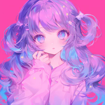 Anime-style avatar featuring a girl with curly blue hair, starry eyes, and a shy expression against a pink background, perfect for forums or profiles.