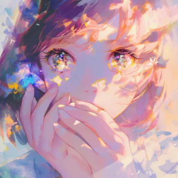 Colorful anime girl avatar with sparkling eyes and a delicate hand covering her mouth, set against a bright, abstract background.