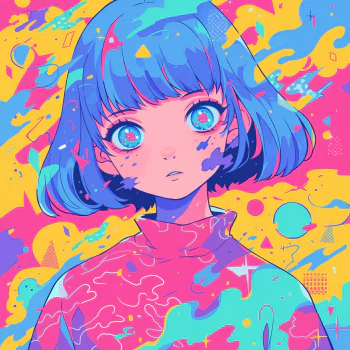 Anime girl with blue hair and wide eyes, set against a vibrant, colorful abstract background. Used as a profile photo.