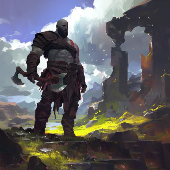 Avatar of Kratos from God of War standing heroically against a mythological landscape backdrop.