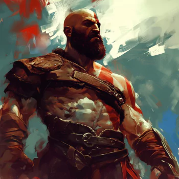 Avatar image of Kratos from the God of War video game series, displaying a powerful stance with a determined expression, set against a dynamic, brush-stroke style background.