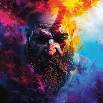 Avatar of Kratos from God of War, featuring a vivid, colorful background that dramatically enhances his intense expression.