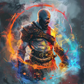 Avatar of Kratos from God of War, featuring the character in a dynamic pose with vivid, fiery colors and artful brush strokes surrounding him.