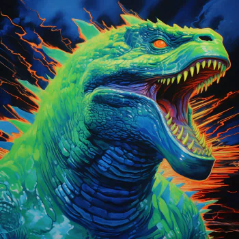 Vibrant avatar of Godzilla roaring with a backdrop of lightning.