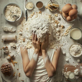 A creative profile photo featuring a person covered in flour, surrounded by ingredients like eggs, milk, and cake-making tools, capturing the fun chaos of cooking.