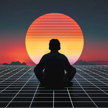 Avatar image of a silhouette seated on a grid floor, gazing at a large, radiant sun setting on the horizon in a synthwave-inspired scene.