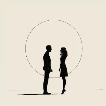 Avatar featuring a silhouette of a man and woman facing each other, potentially depicting a couple during a proposal, set against a light background with a circular motif.