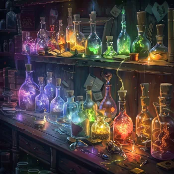 An enchanting array of glowing potions in various shapes of bottles arranged on wooden shelves, giving off an aura of magic and alchemy.