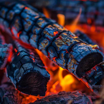 Profile photo of a close-up view of a campfire with burning firewood, showcasing glowing embers and flames.