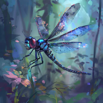 Illustrated avatar of a vibrant blue dragonfly perched on foliage, set in a dimly lit, mystical forest ambiance.