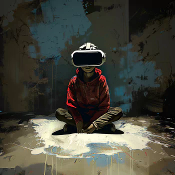 Avatar of a person in a red jacket sitting cross-legged, wearing a virtual reality headset, set against a grunge-style backdrop.
