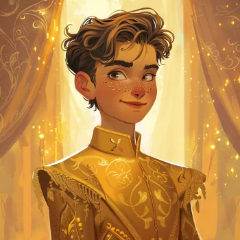 Avatar of a smiling young prince wearing a gold, ornately patterned jacket, set against a softly glowing, golden forest backdrop.