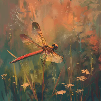 Artistic profile photo of a red dragonfly resting on white flowers, set against a vibrant, brush-stroked background in warm tones.