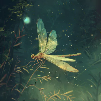 Profile photo of a dragonfly illuminated by a soft glow in a mystical, green forest setting.