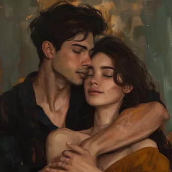 Avatar of a romantic couple embracing, featuring a man and a woman cuddled together, painted in warm tones.