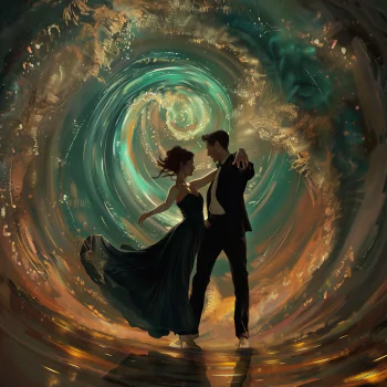 A couple dances elegantly in a swirling, vibrant atmosphere, capturing the romance of ballroom dance. This captivating image serves as a striking profile photo.