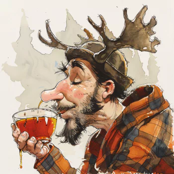 A whimsical avatar featuring a moose-hat-wearing character in flannel, savoring maple syrup from a bowl, surrounded by a forest backdrop.