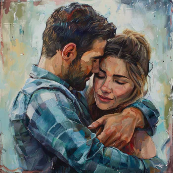 Avatar of a romantic couple embracing tenderly, depicted in an expressive painting style, showcasing affection.