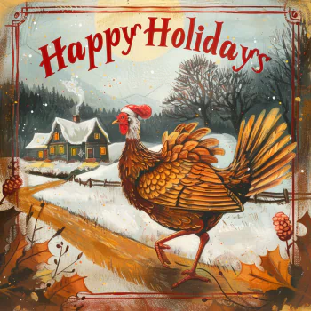 Profile photo featuring a vibrant turkey in a fall setting with Happy Holidays text, and a cozy, snowy house in the background.