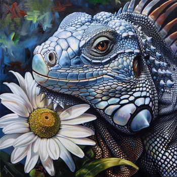 Vibrant profile photo featuring a detailed painting of a blue iguana beside a white daisy, highlighting the texture and colors of the reptile.