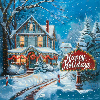 Avatar of a snowy winter scene with a cozy house decorated for the holidays and a Happy Holidays sign.