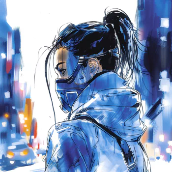 Artistic cyberpunk-themed avatar featuring a person in a mask and futuristic attire against a vibrant, urban backdrop.