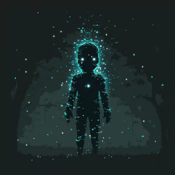 Pixel art avatar featuring a figure with glowing eyes and body, standing under a starry sky inside a cave.