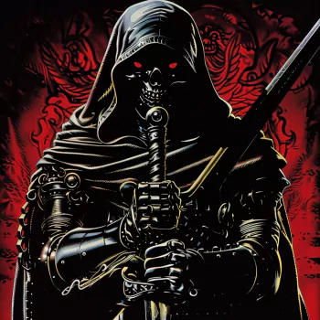 A forum avatar featuring a dark knight holding a sword, cloaked in shadows with a skeleton-like appearance and glowing red eyes, set against a crimson backdrop.
