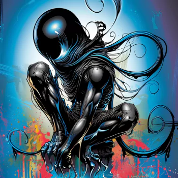 Profile photo of a stylized dark monster with a sleek, glossy body and swirling tendrils, set against a vibrant blue and red background.